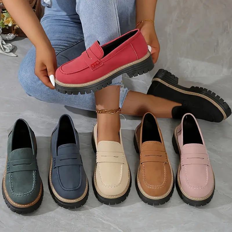Chaussures décontractées à talon mi-haut pour femmes, style britannique mat