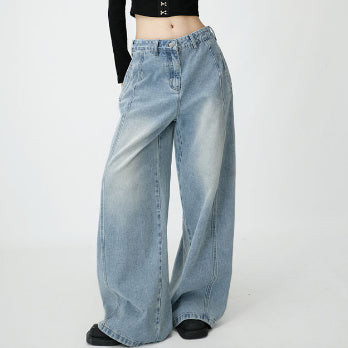 Loose Wide Leg Draping Mop Slimming High Waist Denim Trousers