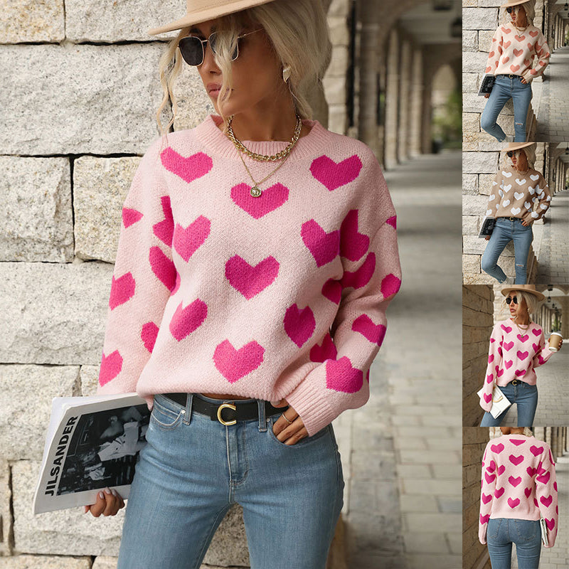 Fashion Love Print Knitting Sweater Casual Long-Sleeve Pullover for Women
