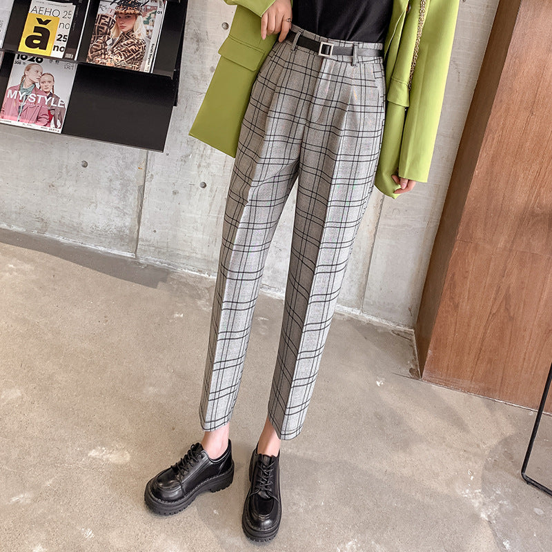 Plaid Loose Fit British Style High Waist Nine-Point Pants for Women