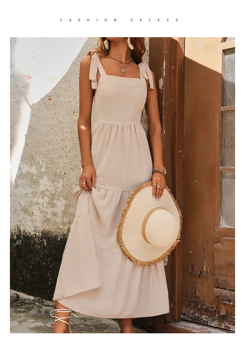 Women's Apricot Backless Solid Color Sling Dress Mid-Length