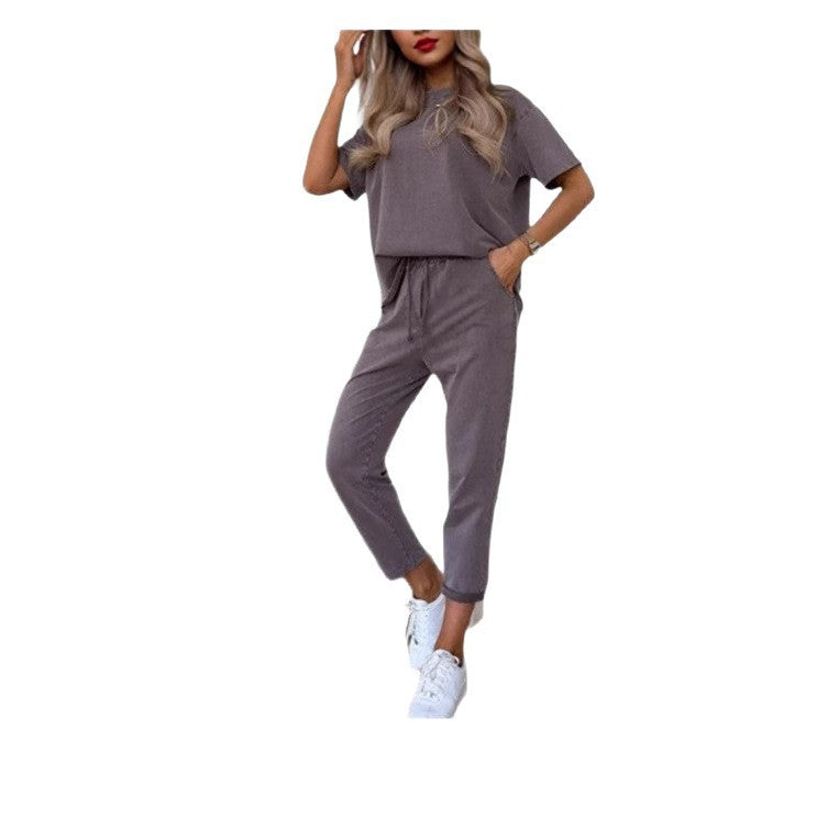 Solid Color Short-sleeved Cropped Pants Casual 2-piece Set