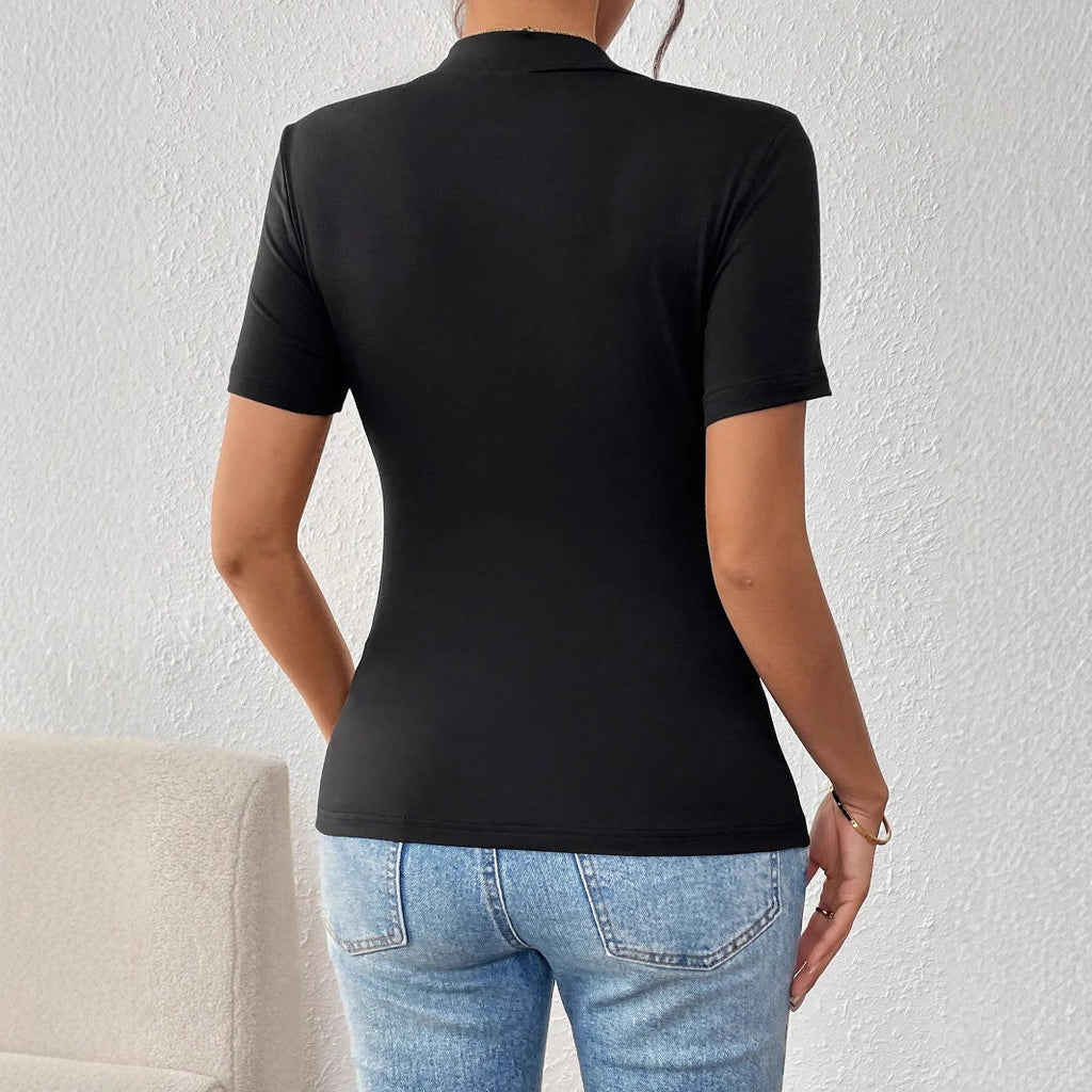 Ladies Slim Fit Black 3D Floral Embroidered Short Sleeve Pullover