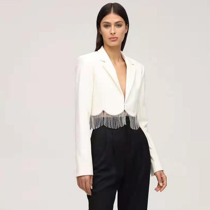 Heavy Industry Tassel Diamond Chain Black Suit Jacket for Women
