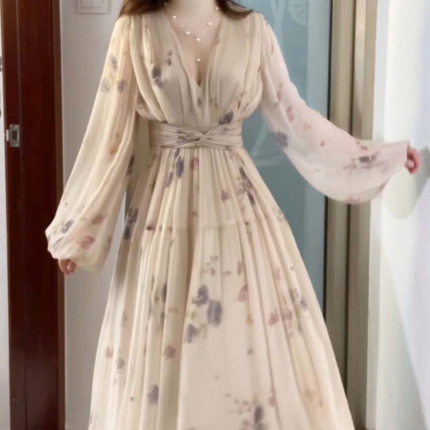 Oversized French V-Neck High Waist Chiffon Floral Dress