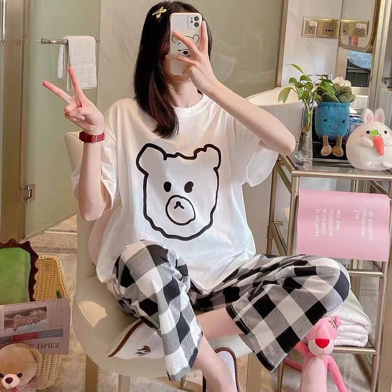 Ensemble de pyjama d'été pour femme à manches courtes et motif dessin animé avec pantalon, Tailles M-XXL