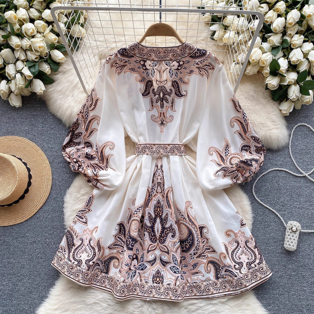 Robe femme imprimée à manches lanternes et taille haute