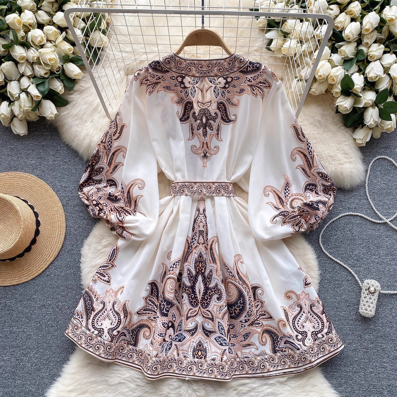 Robe femme imprimée à manches lanternes et taille haute