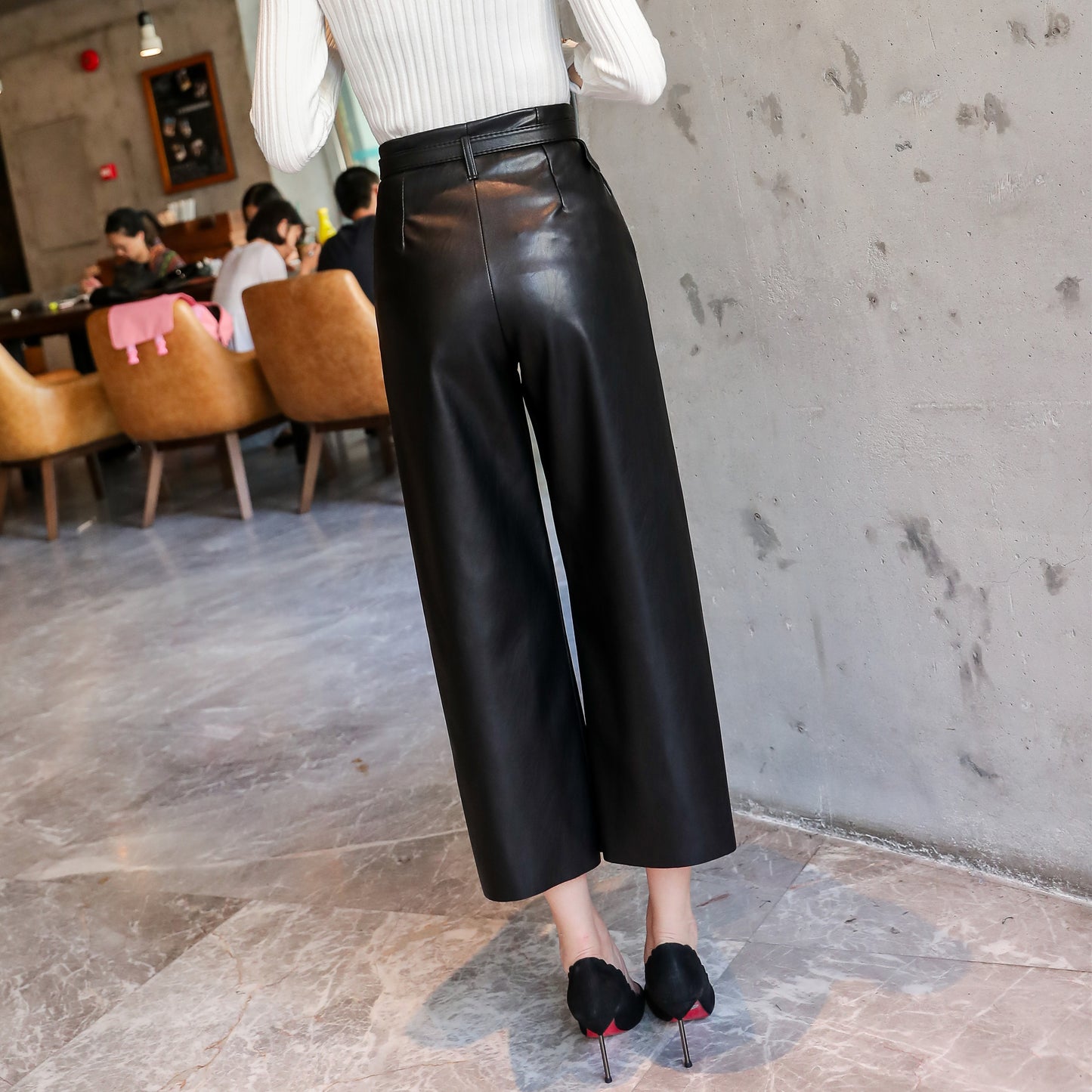 New Spring Women's PU Leather Pants With Belt High Waist Artificial