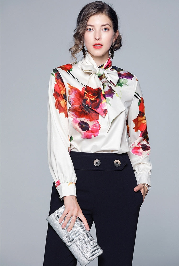 Women's White Long Sleeve Shirt with Bow Ribbon Print