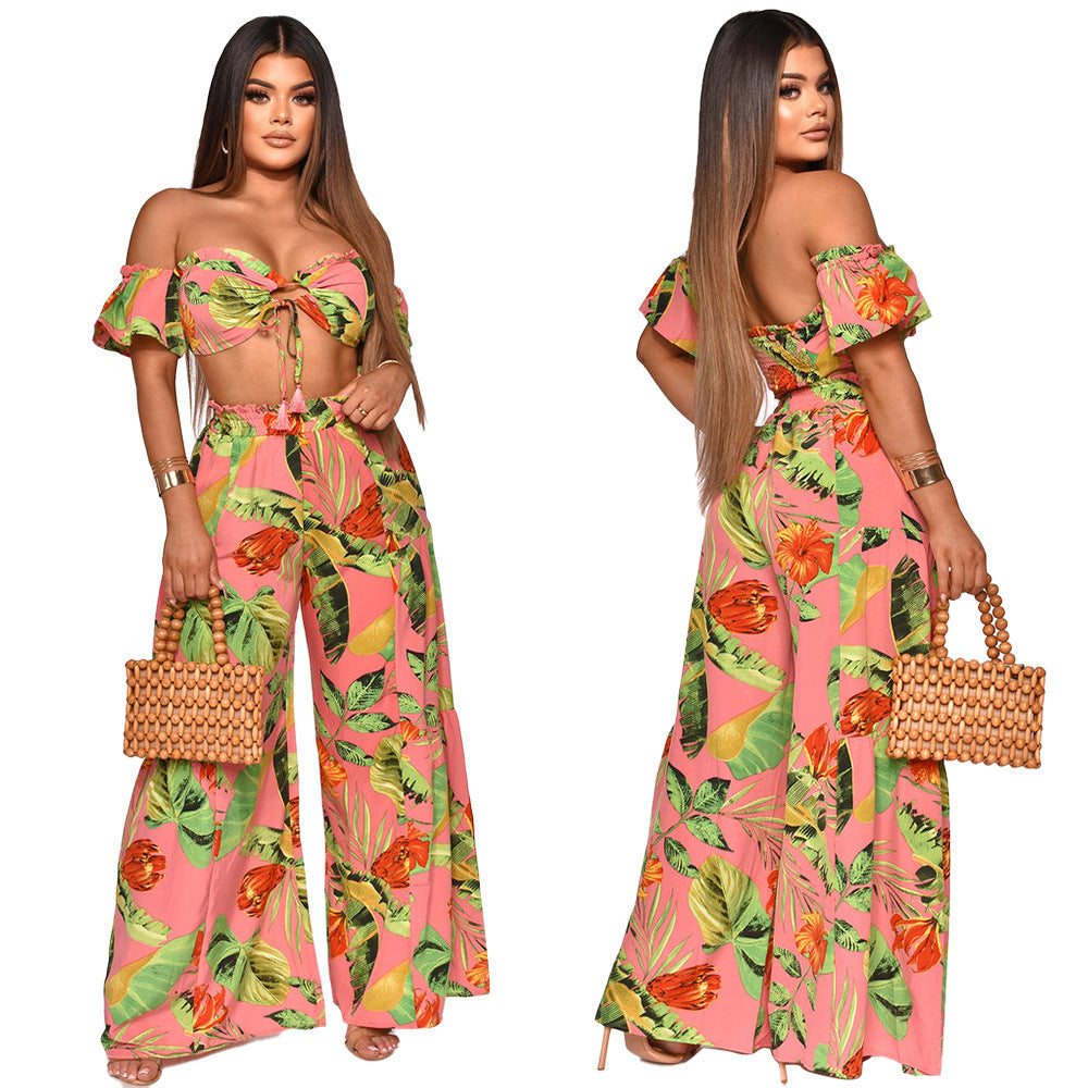 Ensemble deux pièces décontracté imprimé, pantalon large asymétrique à une épaule