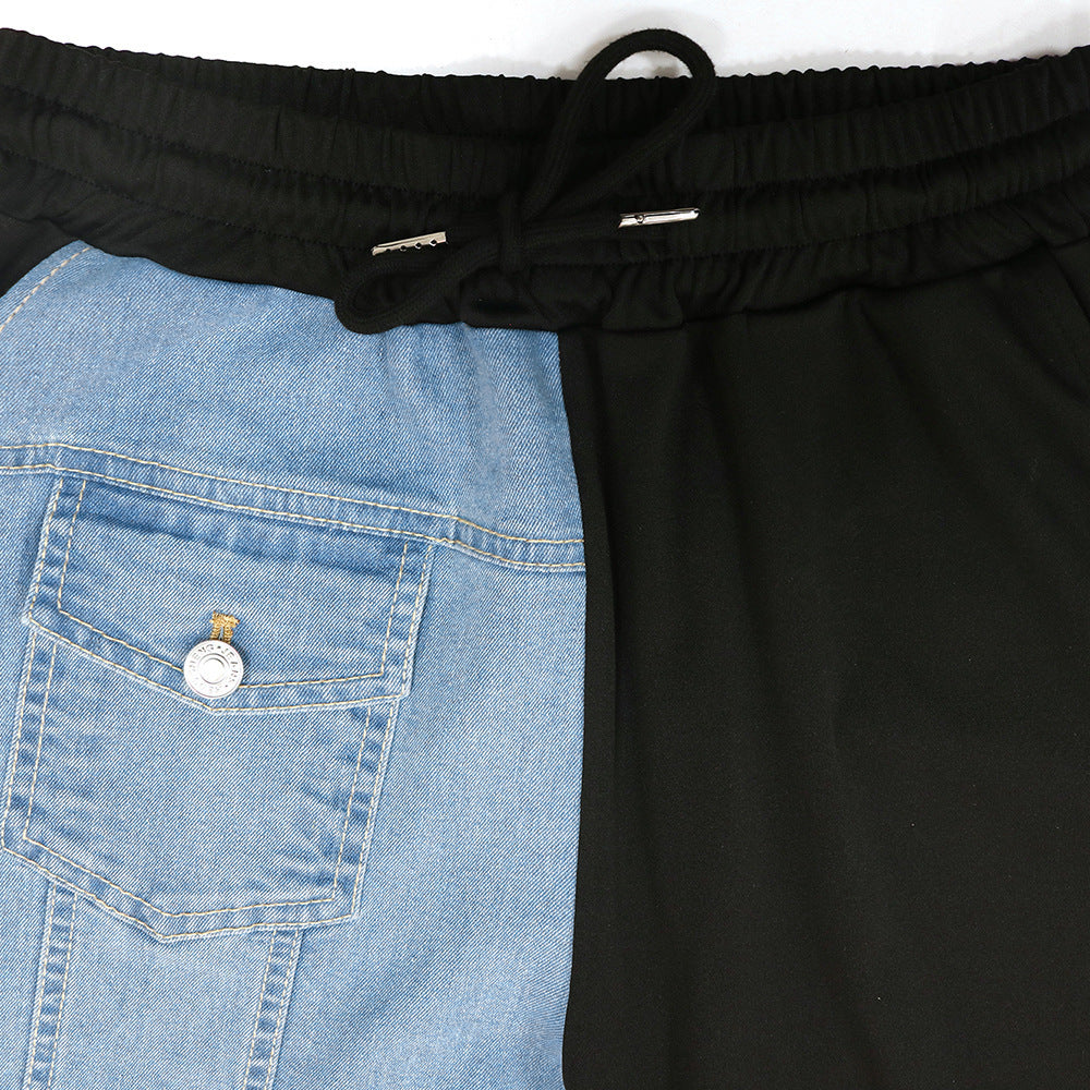 Casual Denim Stitching Tops Pants Suit Female Two-piece