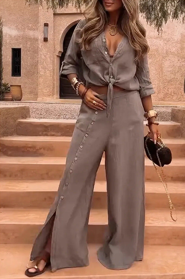 Lady Temperament Lapel Cardigan Solid Color Suit with Split Button
