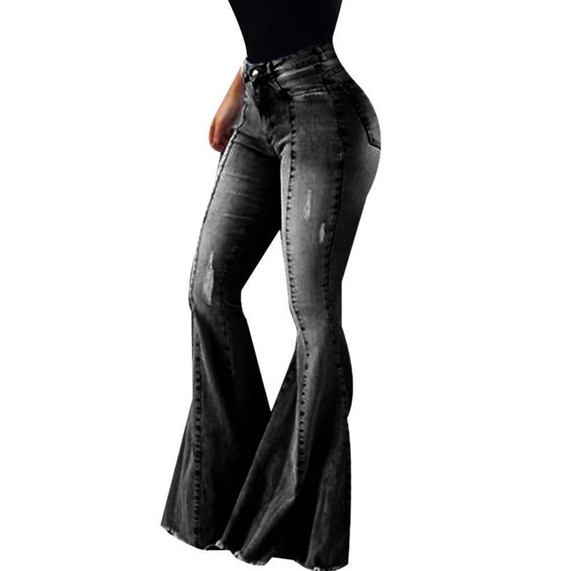 High Waist Elastic Ripped Denim Bell-Bottom Pants for Women