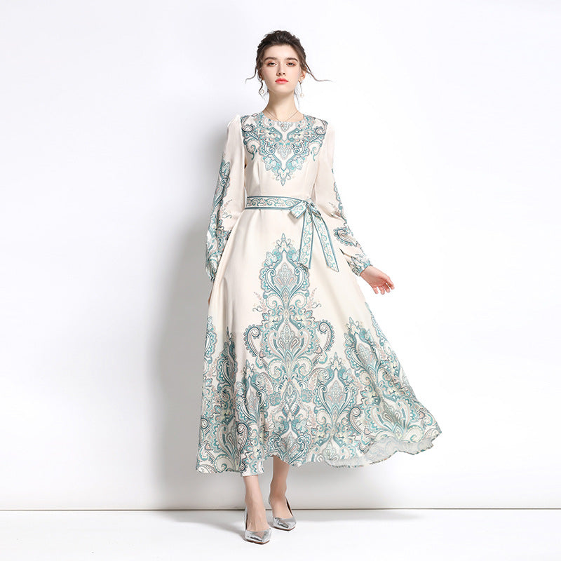 Robe trapèze imprimée à manches longues et col rond pour femme