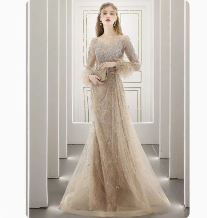 Diamond-Encrusted Long Evening Dress with Zipper and U-Neck