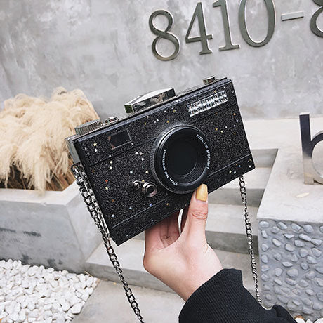 Sac appareil photo à sequins pour femme avec bandoulière chaîne