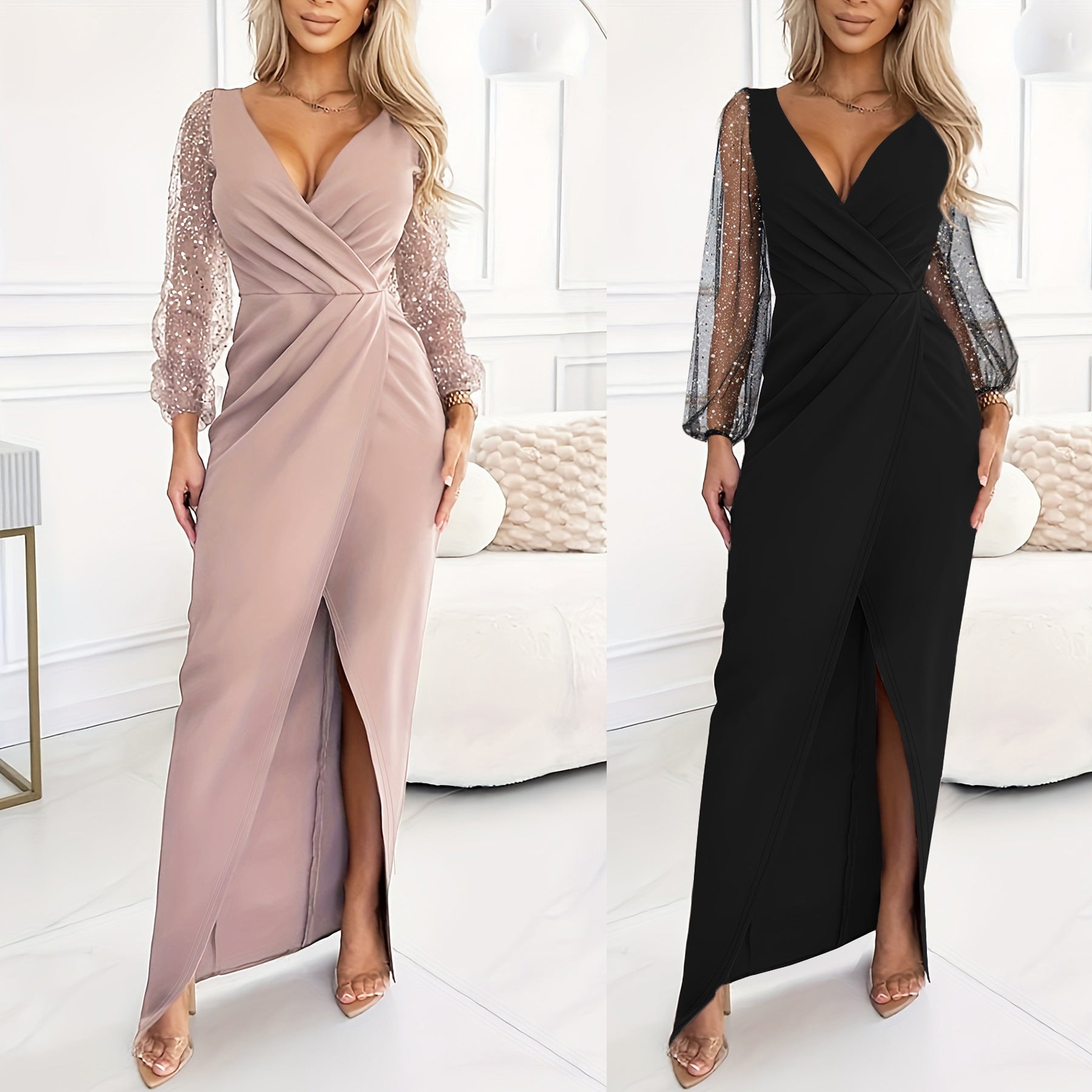 Robe noire en maille à col en V, taille mi-haute et sequins
