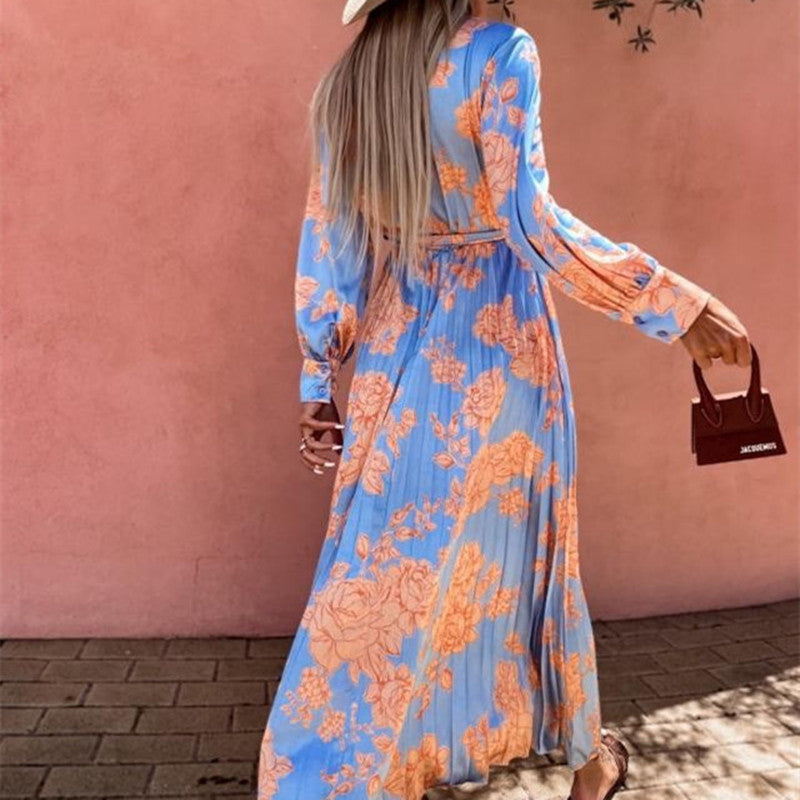 Women's V-Neck Pleated Waist Dress with Floral Print