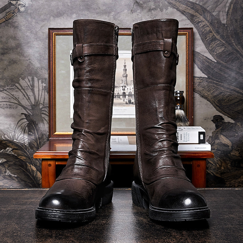 Bottes motardes montantes à plateforme pour hommes avec fermeture éclair latérale