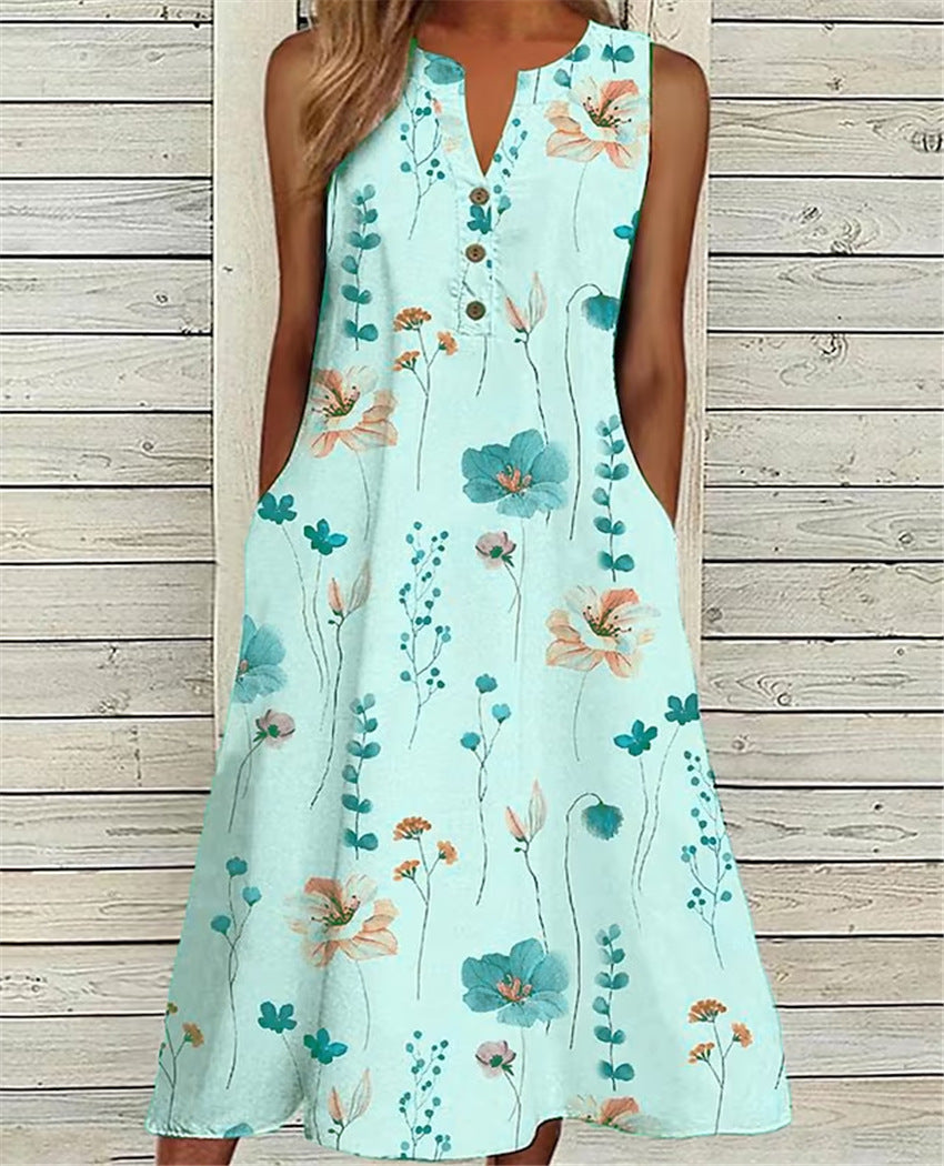Summer V-Neck Casual Printed Long A-Line Skirt