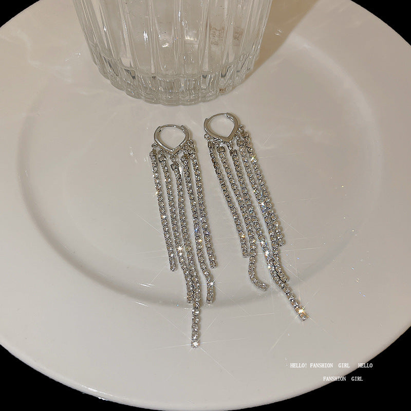 Silver Needle Exquisite Full Diamond Long Fringe Earrings