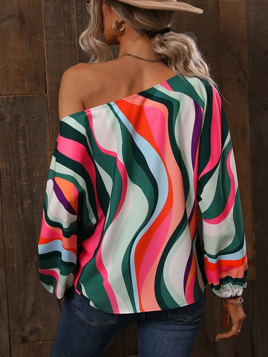 Summer Painted Off-shoulder Bishop Sleeves Top