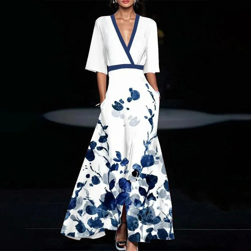 Robe d'été femme à imprimé floral, col en V, manches courtes fendues et coupe trapèze