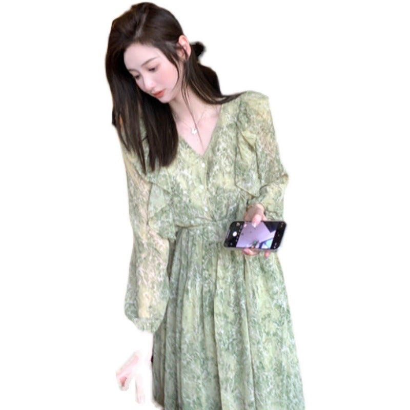Women's Mid-Length Floral Chiffon Ruffled Dress