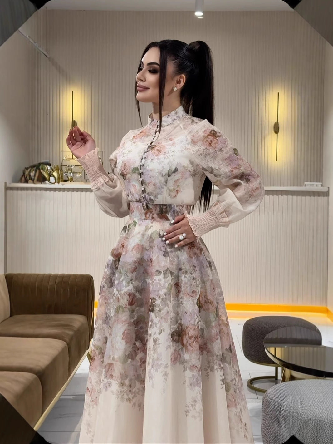 Women's Fashion Flower Stand Collar Dress