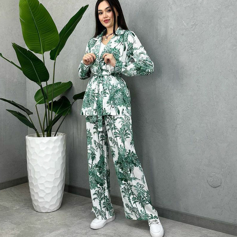 European And American Digital Printing Suit Women's Long Sleeve Loose Lace-up Casual Two-piece Suit