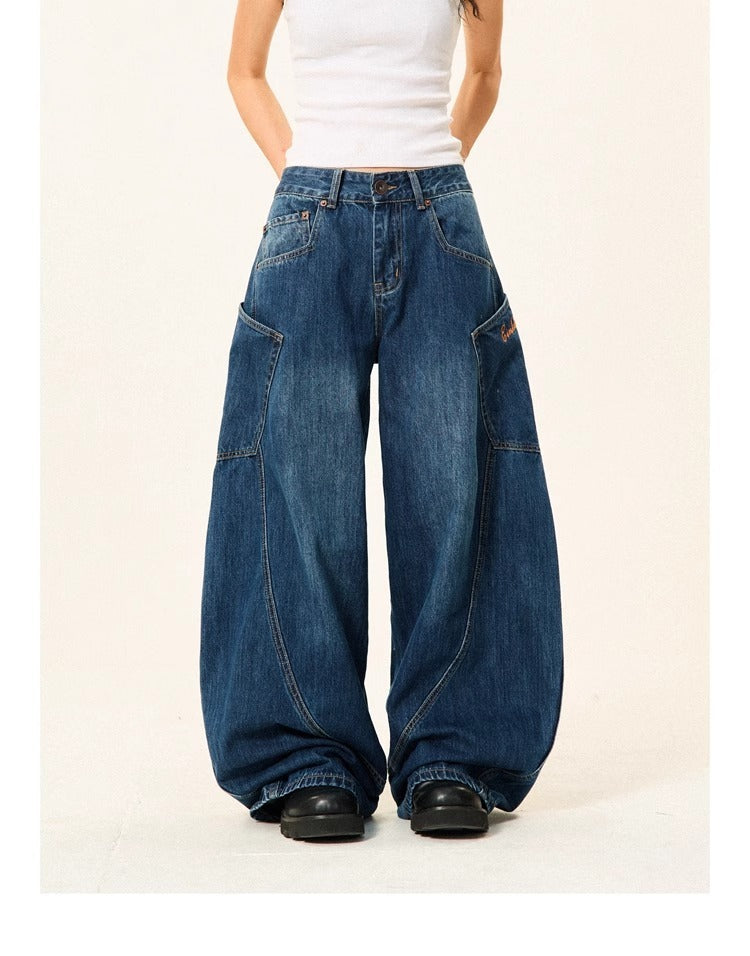 Jeans taille haute amples à jambes larges pour femme avec grandes poches bleu foncé