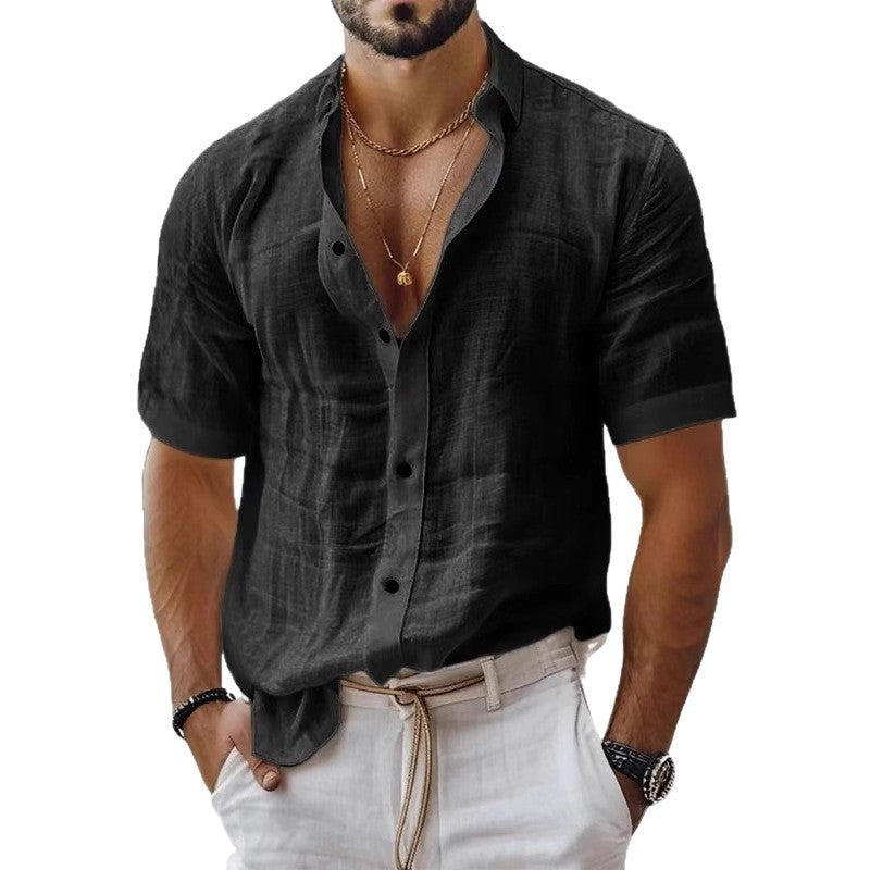 Men's Short Sleeve Cotton Linen Lapel Shirt