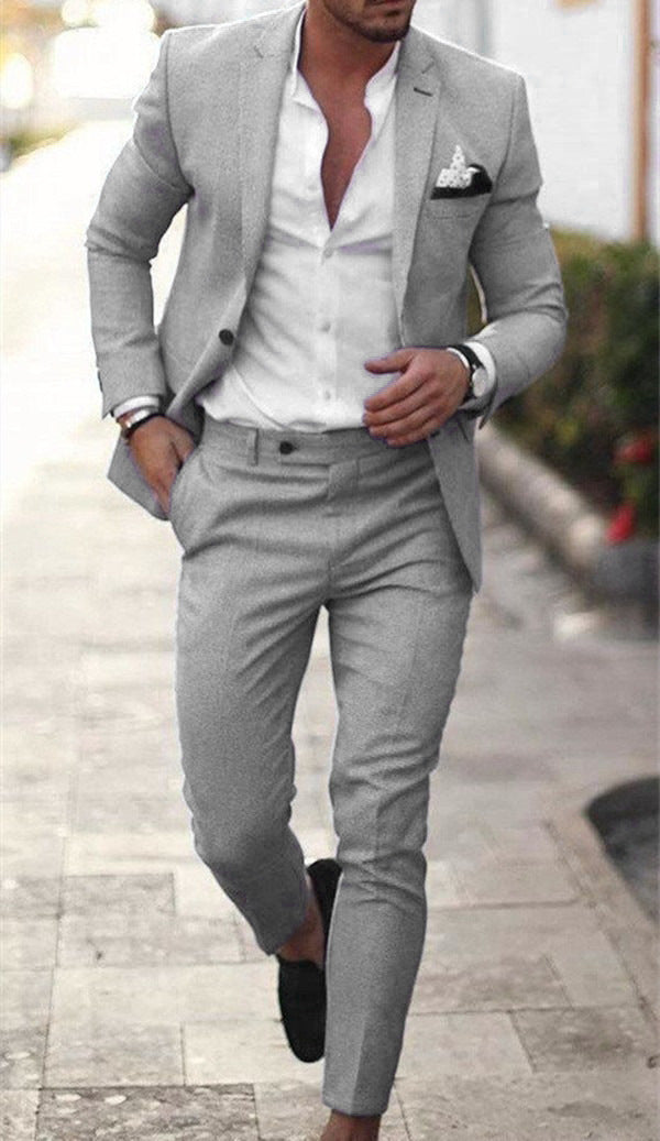Costume deux pièces ajusté en lin et coton pour homme, un bouton, couleur unie