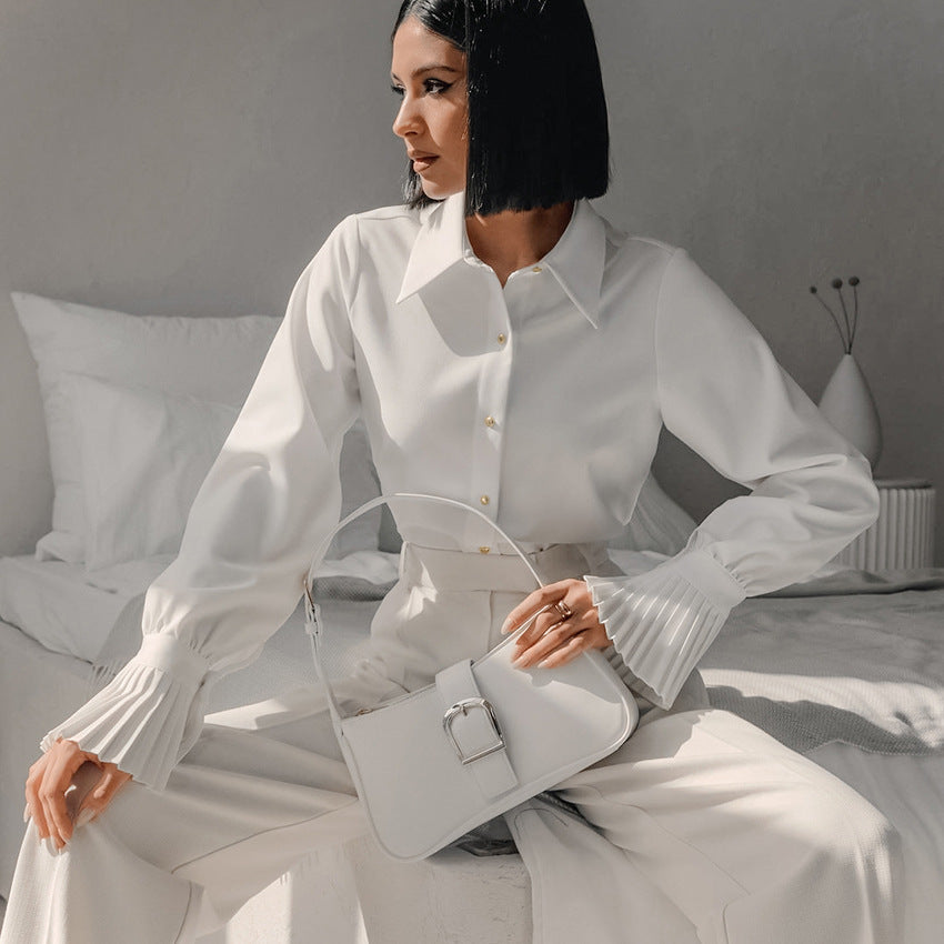 Elegant White Ruffled French Style Business Shirt for Women