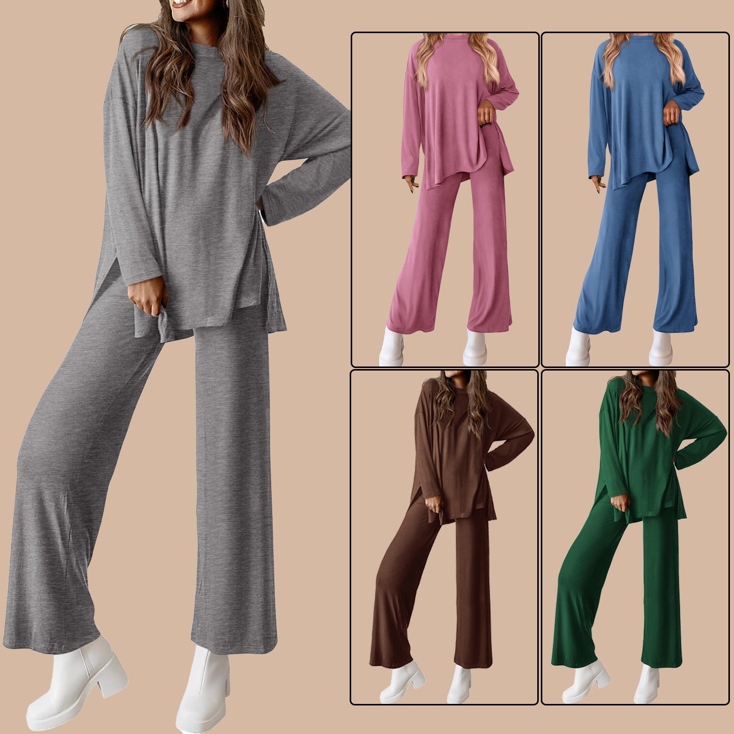 Women's Knitted Casual Solid Color Suit with Pants