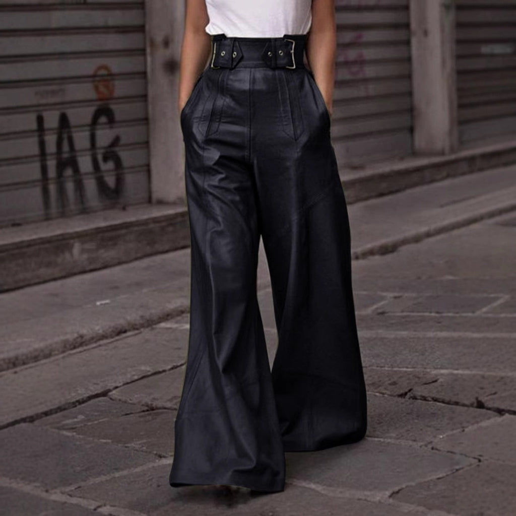 High Waist PU Leather Casual Trousers with Pockets