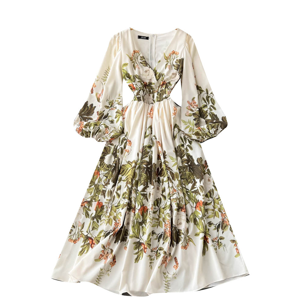 V-Neck High Waist French Retro Floral Chiffon Dress