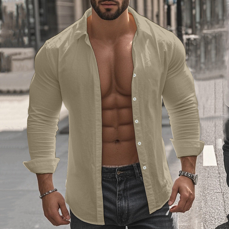 Men's Cotton Linen Shirt High Elastic Comfortable Long Sleeve