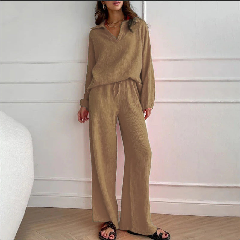Ensemble élégant haut et pantalon décontracté en polyester pour femme, disponible en plusieurs coloris