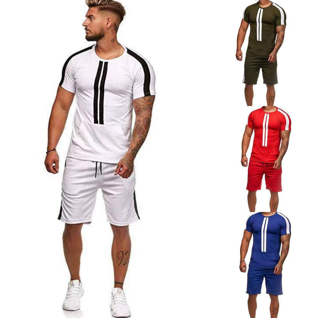 Men's Striped Casual Sports Shorts Set with T-Shirt