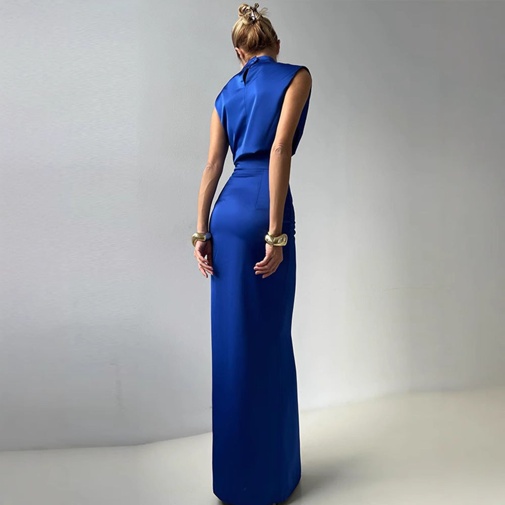 Summer Sleeveless Pile Collar Top with Breasted Slim Fit Skirt Set in Blue & Black