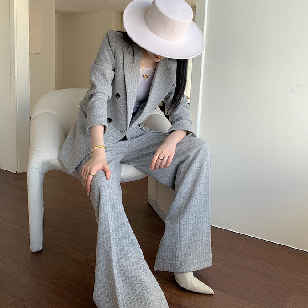 Women's Gray White Striped Wool Suit Coat with Wide Leg Trousers