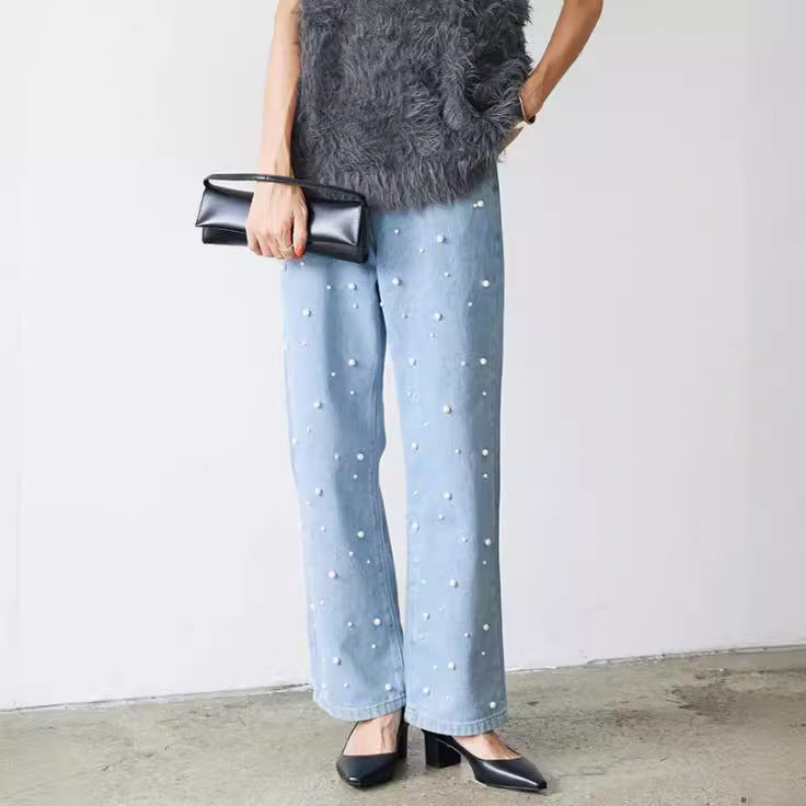 Heavy Industry Pearl Buckle Women's Blue Loose Wide Leg Jeans