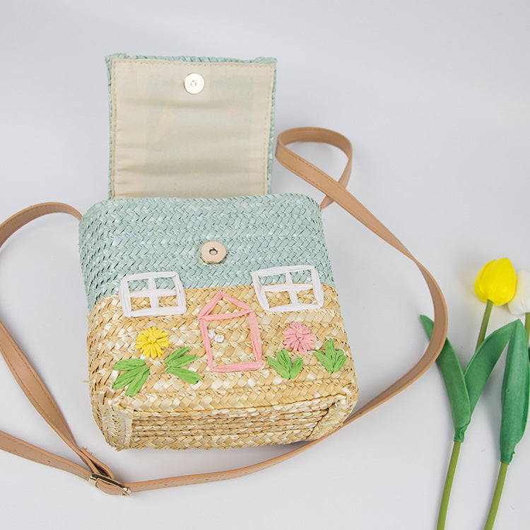 Children's Handmade Straw Bag with Cute House Embroidery 17x15x8cm