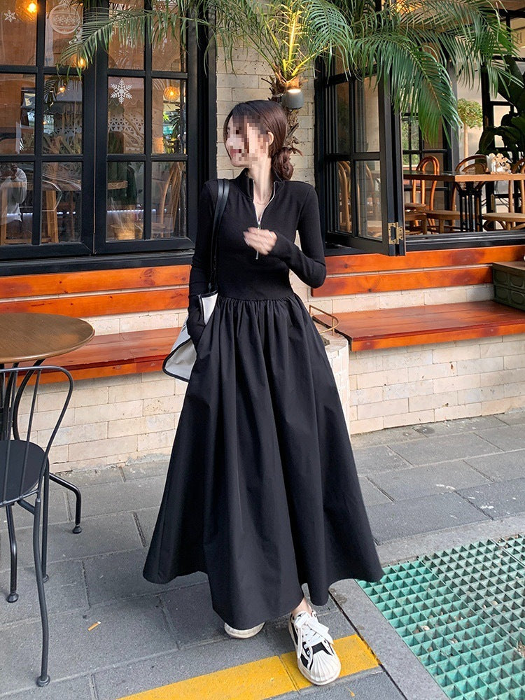 Fashionable Black Knitted A-Line Dress for Women