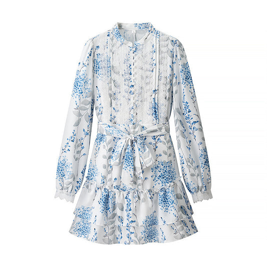 Blue And White Printed Stand Collar Puff Sleeve Long Sleeve Ruffled Dress