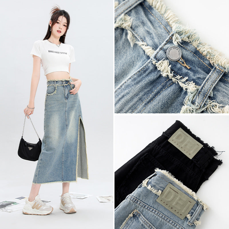 Slit Denim Skirt for Women in Blue & Black
