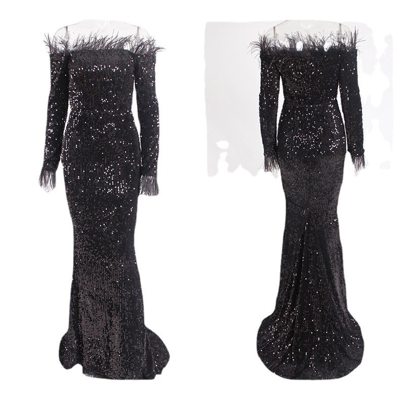 Off-the-Shoulder Fishtail Party Dress in White, Green, Black & Wine Red, Sizes S-XL