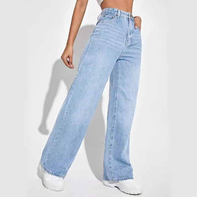 Ladies Light Blue High Waist Slim Straight Jeans